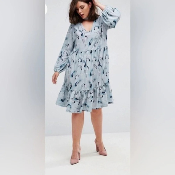 Lost Ink Light Blue Feather Print Balloon Sleeve Dress  Plus Size US 16 NWT - Picture 1 of 11